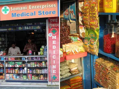 A medical store in Gangtok on the left and a packed grocery shop in Kerala on the right